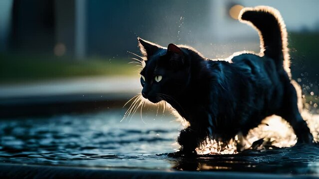 A black cat walks through a puddle in a park at dusk. Backlit, its silhouette casts a long, stretched shadow. 