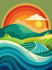 Fototapeta na wymiar Breathtaking wave vector landscape background with vibrant colors and dynamic curves.