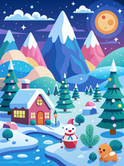 Vector illustration of a winter landscape with cute houses and trees covered in snow.