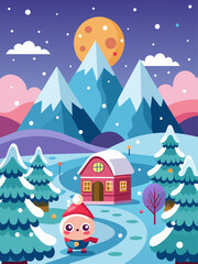 Winters cute vector landscape background with snow-covered trees, mountains, and a clear sky.