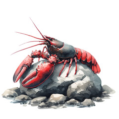 A red lobster stands alone on a rock.