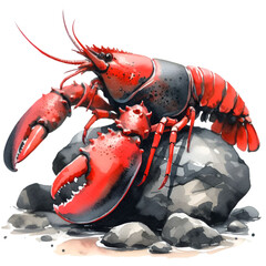 A red lobster stands alone on a rock.