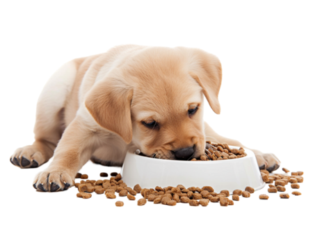 puppy eating food in bowl on white transparent background
