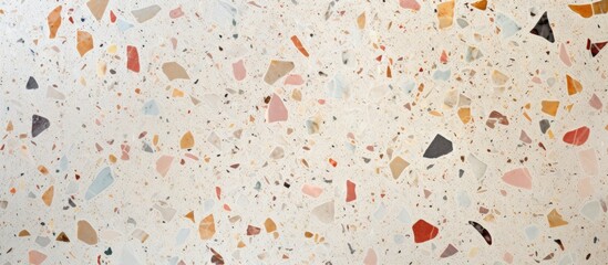 An artistic terrazzo floor with a closeup view showcasing a vibrant mix of magenta, peach, and earthy tones, creating a mesmerizing pattern resembling circles