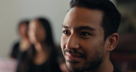 Man, religion and congregation for church, sermon and service for memorial, spiritual and guidance. Smile, person and sanctuary to hear, comfort and salvation as christian, gospel and holy spirit