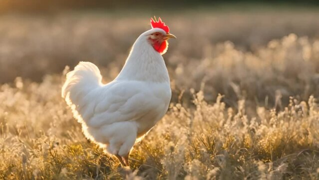 A white hen chicken on the grass