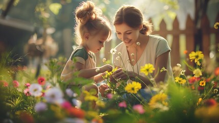 A photo of a mother and little daughter planting flowers plant in the garden together as a hobby with bokeh effect