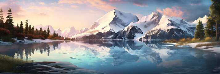 Breathtaking Deep Learning Portrayal of a Serene Mountain Landscape at Sunset - obrazy, fototapety, plakaty