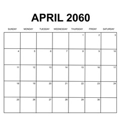 april 2060. monthly calendar design. week starts on sunday. printable, simple, and clean vector design isolated on white background.