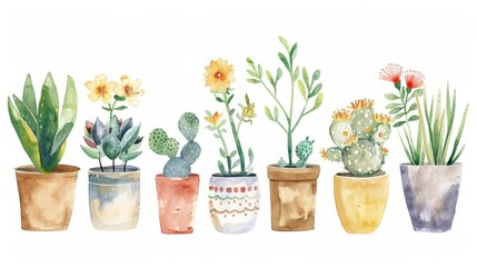 Charming, Whimsical Watercolor Illustration of a Collection of Cute, Boho-Style Potted Plants and Flowers