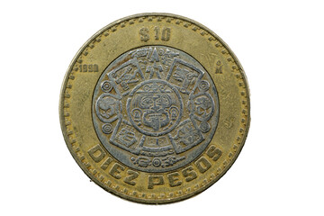 Moneda de 10 pesos mexicana con el calendario azteca 1999