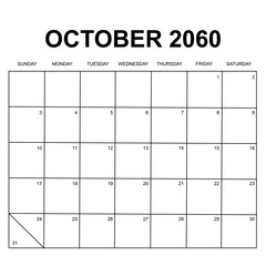 october 2060. monthly calendar design. week starts on sunday. printable, simple, and clean vector design isolated on white background.