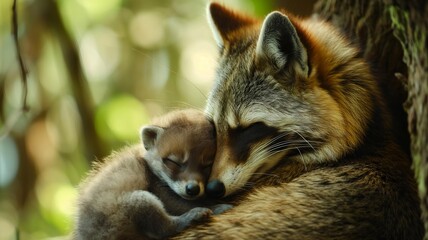 potrait of baby raccoon sleeping on mother's body with blurred wild background 