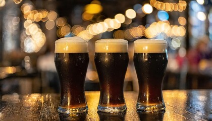 Three Pints of Dark Beer on a Bar Counter with Bokeh Background - obrazy, fototapety, plakaty