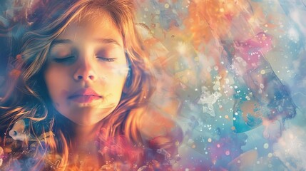 Fototapeta premium Enchanting portrait of a dreamy young girl, transcendent meditation concept, stylized digital painting
