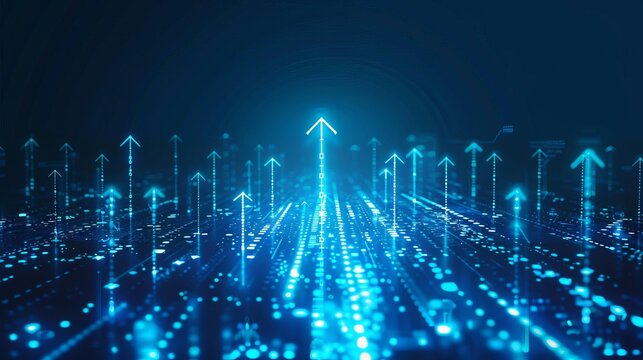 Dynamic arrow chart soaring upwards, representing business growth and digital transformation, abstract tech background