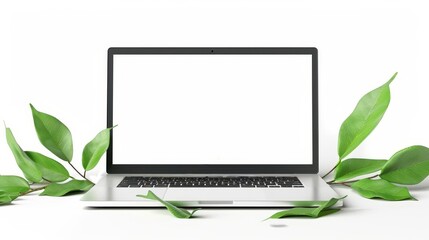Laptop mockup with green leaves and white background, natural and eco-friendly technology concept digital illustration