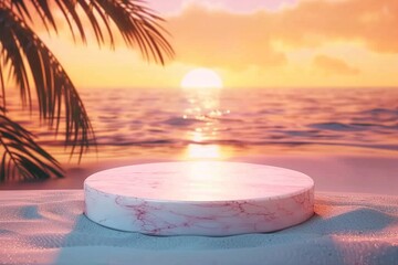 Obraz premium 3d podium with copy space for product display presentation on palm beach and sunset sky abstract background. Tropical summer and vacation concept. Graphic art design. generative ai.