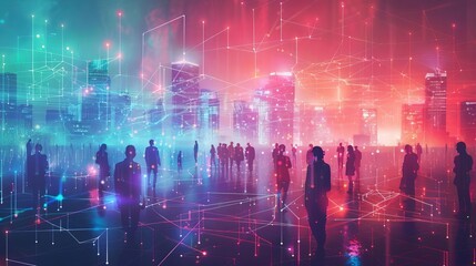 Network of human silhouettes connected by glowing lines, big data and smart city concept digital illustration - obrazy, fototapety, plakaty