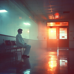 Fototapeta na wymiar Ghostly figure of doctor in emergency room, dim light, ethereal glow, wide angle, eerie calm.