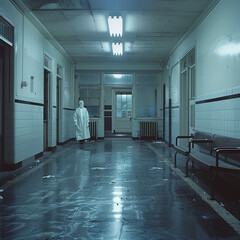 Emergency room, ghost doctor through doorway, backlit, long shot, haunting solitude. - obrazy, fototapety, plakaty