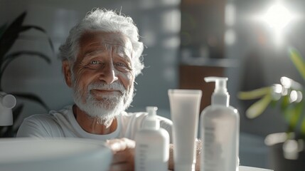 Serene spa indulgence, a glamorous older man luxuriates in a tranquil spa setting, embodying body and facial care, surrounded by health-enhancing lotions and wellness items for ultimate relaxation - obrazy, fototapety, plakaty