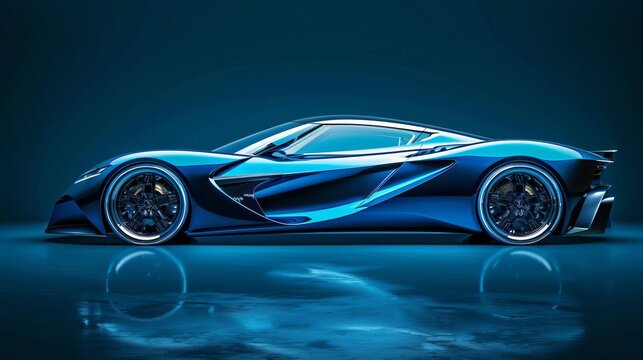 Sleek blue sports car showcased in auto expo, modern design and luxury concept, digital illustration for enthusiasts and adverts