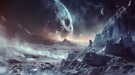 An astronaut stands on a lunar-like surface gazing at an immense planet rising,ai generated