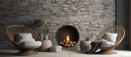 A room with a circular brick fireplace, two wicker chairs, and a wood mantel. The fireplace provides warmth and a cozy atmosphere