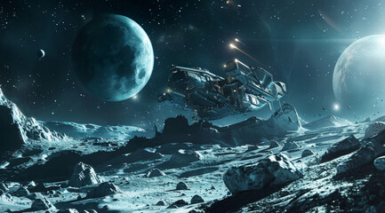 A hovering sci-fi vehicle explores a moonlit rocky landscape under a celestial sky,ai generated
