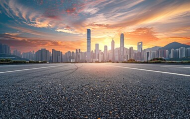 As posted by bokeh lighting, empty asphalt road and city skyline with sunset sky background