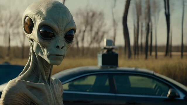 An alien peering out from inside a car at the outside world, creating an eerie, mysterious atmosphere.

