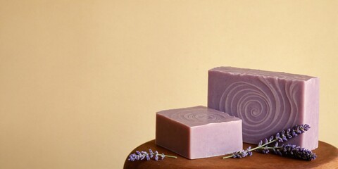 Natural handmade soap bars and lavender flowers on beige background. Copy space for text on the left of the image.