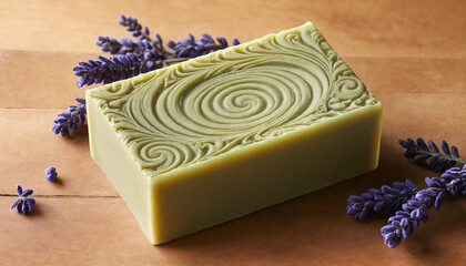 Handmade soap and lavender flowers on wooden background, closeup