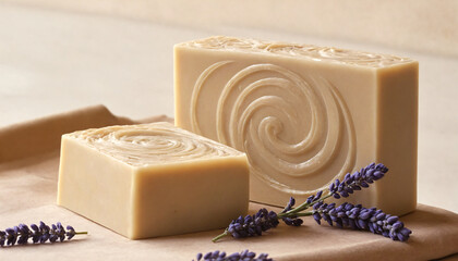 Handmade soap bars and lavender flowers on light background, closeup