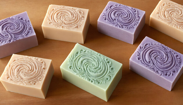 Handmade soap bars on wooden background, closeup. Spa treatment