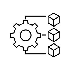 Vector icon of Smart Technology Integration: Cog Linked with Model Boxes. Simple icon of Digital Automation Symbol,Robotic System Integration icon. editable stroke on transparent background.