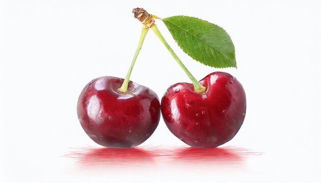 Fresh Red Cherries with Leaf on White Background