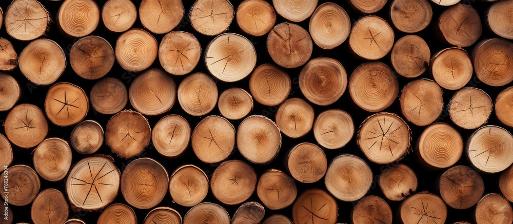 Wall mural A stack of wood logs on a dark background showcasing the natural materials symmetry and pattern up close. Perfect for a dish in cuisine or as an ingredient from a terrestrial plant