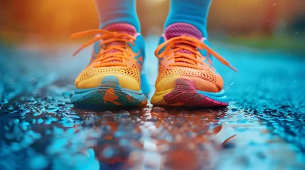 Fotobehang Detailed view of a pair of running shoes worn yet vibrant symbolizing the journey towards health and endurance © apichat