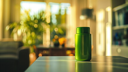 Cosmetic skincare product in bottle on a shelf, green, hair care. Includes shampoo, oil, butter, and conditioner. Realistic product bottles, tubes, and plastic containers displayed for product place