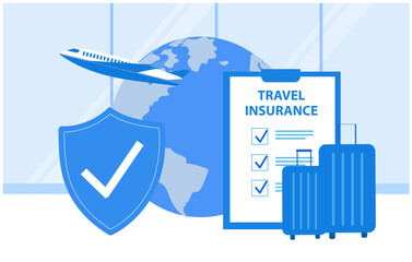 Travel insurance concept. Travel insurance policy with airplane, luggage and protection shield on smartphone vector illustration