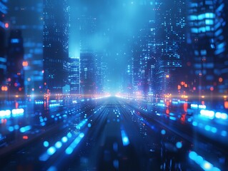 Blur image to use as background of The cityscape comes alive at night with a cybernetic glow, lights and reflections create a sense of futuristic vibrancy.