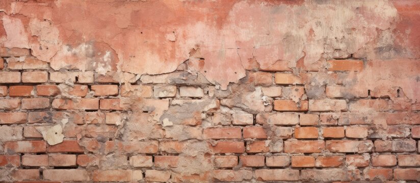 Detailed close up of a brown brick wall with peeling plaster, showcasing the intricate patterns of the brickwork. The woodlike texture of the soil adds an artistic element to the landscape