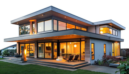 Modern house building with roof in the evening on white transparent background - Powered by Adobe