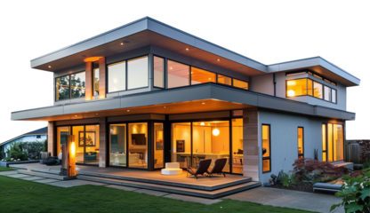 Modern house building with roof in the evening on white transparent background