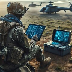 Soldier in uniform analyze data on a tablet and work out drones tactics at a temporary base. Programming control with artificial intelligence, online coordination of the military team.