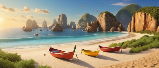 Summer vacation, travel concept, beach background, boats on the beach