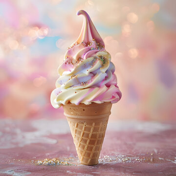 A wuffle ice cream cone with colorful softy and sprinkles