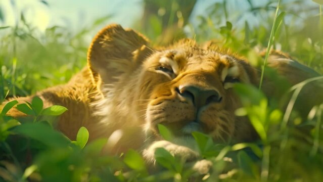close up lion in greenery. 4k video animation